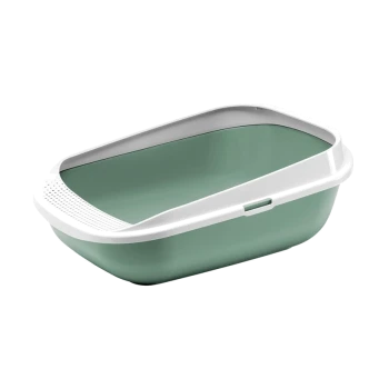 Grüne und weiße Katzentoilette mit schrägem Design und Belüftungslöchern am Rand, geeignet für Katzen.