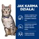 Szary kot tabby z zielonymi oczami siedzi na niebieskim tle z tekstem o korzyściach i odżywianiu karmy dla kotów.