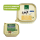 Deux conteneurs de nourriture pour animaux : "Real Nature Original" pour adultes et "Real Nature" pour chiots, tous deux avec une illustration de vache et une bannière verte.