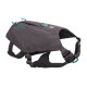 Ein graues Hundegeschirr von Ruffwear, mit verstellbaren Riemen, einer Fronttasche und einem sicheren Befestigungspunkt für Leinen.