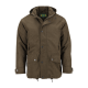 Braune wasserdichte Outdoor-Jacke mit Kapuze, Frontknöpfen, Reißverschluss und mehreren Taschen, mit dem Etikett „Hunter Outdoor“.