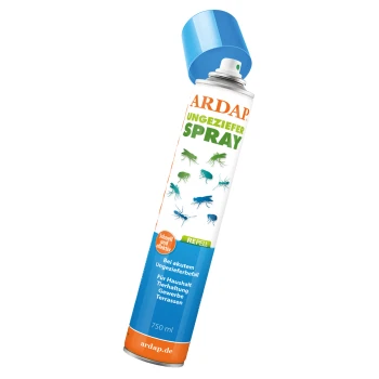 ARDAP Ungeziefer Spraykanister, 750 ml, mit Illustrationen von Insekten, mit Text, der seine schnellen und effektiven abweisenden Eigenschaften hervorhebt.