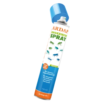 ARDAP Ungeziefer Spraykanister, 750 ml, mit Illustrationen von Insekten, mit Text, der seine schnellen und effektiven abweisenden Eigenschaften hervorhebt.