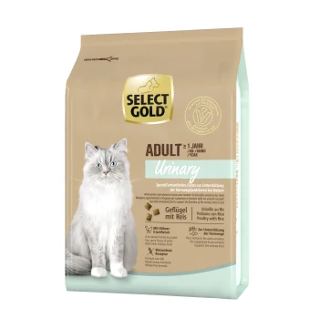 Urinary Adult Geflügel und Reis 2.5 kg Select Gold Adult Urinary Katzenfutterbeutel mit einer flauschigen weißen Katze, mit Text, der "Geflügel mit Reis" und Vorteile für die Harnwegsgesundheit hervorhebt.