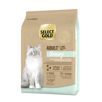 Sac de nourriture pour chats Select Gold Adult Urinary avec un chat blanc duveteux, avec un texte mettant en avant "Poultry with Rice" et des avantages pour la santé urinaire.