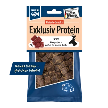 Nutri QM Exklusiv Protein Hirsch Snackpackung, Sichtfenster mit braunen Würfeln; Text: „Neues Design – gleicher Inhalt!“