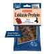 Nutri QM Exklusiv Protein Hirsch Snackpackung, Sichtfenster mit braunen Würfeln; Text: „Neues Design – gleicher Inhalt!“