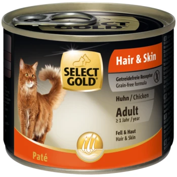 Dosenfutter für Katzen mit der Aufschrift "SELECT GOLD Hair & Skin", auf dem ein roter Kater abgebildet ist, mit dem Text "Huhn/Chicken" und "Adult".