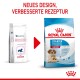Zwei Hundefutterverpackungen: links "Pädiatrischer Starter", rechts "Royal Canin Starter", mit Text "NEUES DESIGN, VERBESSERTE REZEPTUR."