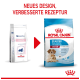 Zwei Hundefutterverpackungen: links "Pädiatrischer Starter", rechts "Royal Canin Starter", mit Text "NEUES DESIGN, VERBESSERTE REZEPTUR."