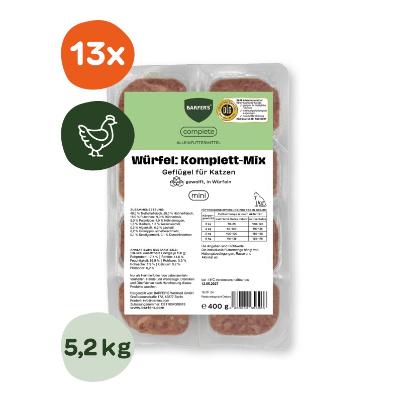 BARFER'S Würfel: Komplett-Mix Geflügel für Katzen 13x400 g