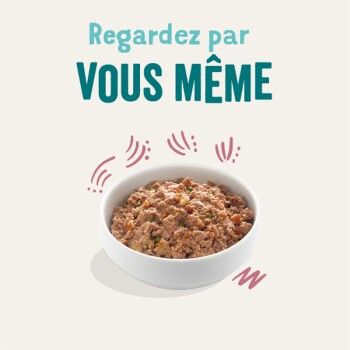 Bol de nourriture pour animaux avec une apparence texturée et charnue, accompagné du texte 'Regardez par VOUS MÊME' au-dessus.