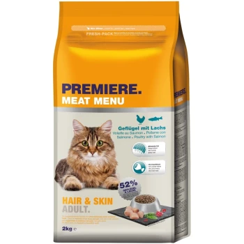 Katzenfutterbeutel mit der Aufschrift 'Premiere Meat Menu', der eine flauschige Katze zeigt, mit dem Text 'Hair & Skin Adult' und '52% Geflügel & Lachs'.