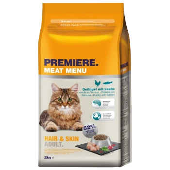 Sac de nourriture pour chat étiqueté "Menu Viande Première" avec un chat duveteux, avec du texte indiquant "Poils & Peau Adulte" et "52% Volaille & Saumon."