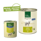Zwei Dosen Real Nature Hundefutter, eine groß und eine klein, Lammgeschmack mit Kartoffeln und Karotten. Der Text lautet: "Neues Design - gleiche Qualität!"