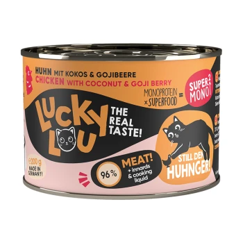Dose mit Lucky Lou Katzenfutter, das Huhn mit Kokosnuss und Goji-Beere enthält, 96 % Fleisch, mit dem Text "DER ECHTE GESCHMACK!" und "DEN HUNGER NOCH STÄRKEN!"