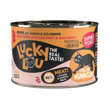 Dose mit Lucky Lou Katzenfutter, das Huhn mit Kokosnuss und Goji-Beere enthält, 96 % Fleisch, mit dem Text "DER ECHTE GESCHMACK!" und "DEN HUNGER NOCH STÄRKEN!"