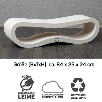 Katzenschratch-Posten im modernen Wellen-Design, Maße 84 x 23 x 24 cm, mit umweltfreundlichen Materialien und Recycling-Symbolen.