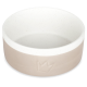 Eine beige und weiße Keramik-Haustierschüssel mit einem gesprenkelten Design und einem eingestanzten Kronenlogo an der Seite.