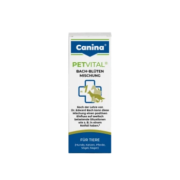 Canina PETVITAL Bach-Blüten Mischung für Haustiere, mit einem blauen und grünen Design und einer Silhouette von einem Hund, einer Katze und einem Pferd.