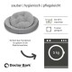 Graues rundes Hundebett mit gepolstertem Design, beschriftet mit "Doctor Bark", mit Waschhinweisen: maschinenwaschbar bis 60°C und trocknergeeignet.