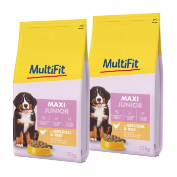 Deux sacs de 12 kg de nourriture pour chiens MultiFit Maxi Junior, mettant en avant un chien de montagne bernois et des ingrédients à base de volaille et de riz.