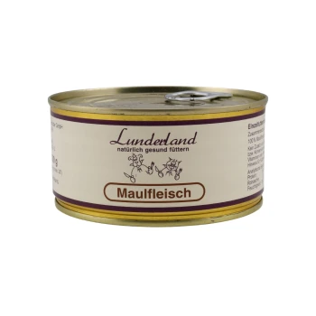Reinfleisch-Dose Maulfleisch 12x300 g Lunderland Maulfleisch-Hundefutterdose, mit einem beigen Etikett mit lila Akzenten, das "100% Maulfleisch" und "natürlich gesund füttern" angibt.