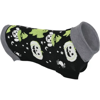 Fit + Fun Knitted Dog Jumper Halloween Design 28 cm Black pet sweater with gray cuffs, green and white Halloween motifs — smiling ghost faces, witch hats and stars.