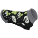 Black pet sweater with gray cuffs, green and white Halloween motifs — smiling ghost faces, witch hats and stars.