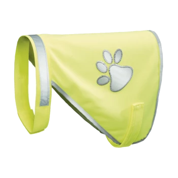 Heldere gele veiligheidshesje voor huisdieren met reflecterende rand en een pootafdrukontwerp, ideaal voor zichtbaarheid tijdens wandelingen.