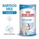 Royal Canin Babydog Milch, 4 x 100g, geeignet für Welpen von 0-2 Monaten, mit Zubereitungsanweisungen und einer Grafik eines Welpen.