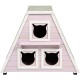 Ein pinkfarbener Katzenhaus aus Holz mit drei schwarzen Öffnungen in Form von Katzenköpfen, mit einem kleinen Regal und einem strukturierten Dach.