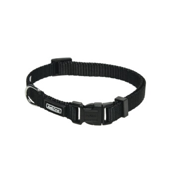 Schwarzes verstellbares Nylongehalsband mit Plastik-Schnellverschluss, Metall-D-Ring und Etikett mit der Aufschrift 'Antone'.