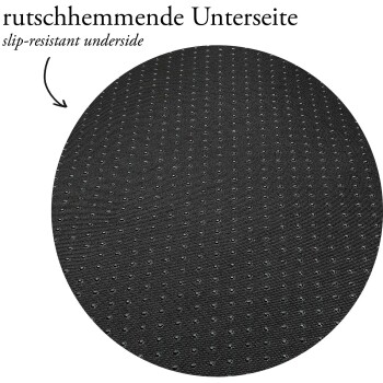 Schwarze Hundematte mit rutschfester Unterseite, mit Text in Deutsch und Englisch, der ihre rutschfeste Qualität angibt.