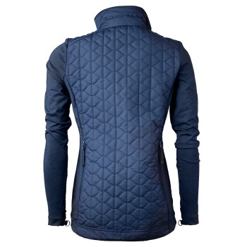 Navyblauer, gesteppter Weste mit langen Ärmeln, mit hohem Kragen und Reißverschlusstaschen, von hinten betrachtet.