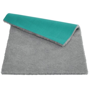 Graue und türkisfarbene Haustierdecke mit weicher Fleece-Unterseite und strukturierter türkisfarbener Oberseite.