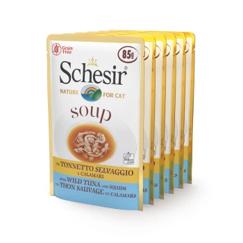 Suppe 6x85g Thunfisch mit Tintenfisch Schesir Suppe für Katzen, getreidefrei, mit wildem Thunfisch und Tintenfischen, 85g Beutel, mit einer Illustration einer Schüssel Suppe auf der Vorderseite.