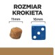 Obraz porównujący rozmiary krokietów dla zwierząt, pokazujący krokiet 11 mm obok niebieskiej kostki 16 mm, z napisem "ROZMIAR KROKIETA."
