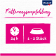 Fütterungsempfehlungsgrafik von Vitakraft, die '24 h' neben einem Uhren-Symbol und '1 - 2 Stück' neben einem Futterschüssel-Symbol zeigt.