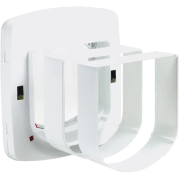 Weißer Futterspender für Haustiere mit einem gebogenen Halter für einfachen Zugriff, der für die Wandmontage konzipiert ist.