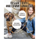 Eine Frau sitzt auf Kopfsteinpflaster mit einer Leder-Hundeleine. Text: "Design trifft Multifunktionalität," "Elegant & anpassbar," "Echtleder."