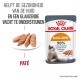 Royal Canin Hair & Skin kattenvoer zakje met een bord pâté, met voordelen voor huidgezondheid en een glanzende vacht, 90% eigenaarstevredenheid.