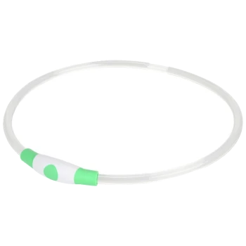 Un collier pour animaux transparent avec un bouton vert et blanc, conçu pour la visibilité et la sécurité.