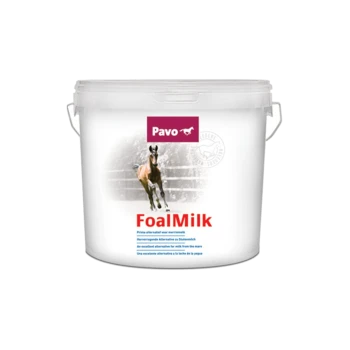 Weißer Eimer mit der Aufschrift "Pavo FoalMilk" und einem Pferdebild, das anzeigt, dass es eine ausgezeichnete Alternative zur Stutenmilch ist.