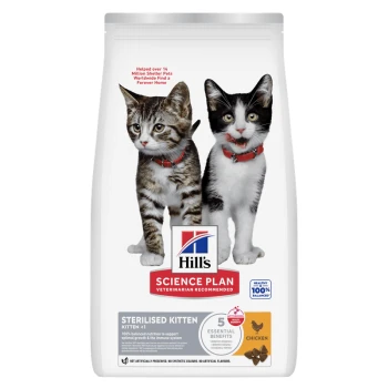 Zak Hill's Science Plan met twee kittens met rode halsbandjes, Sterilised Kitten-formule, kipsmaak.