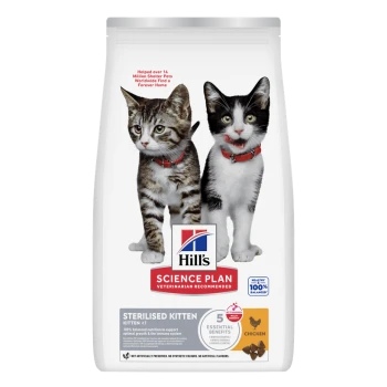 Sac Hill's Science Plan avec deux chatons portant des colliers rouges, formule Sterilised Kitten, saveur poulet