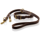 Braune Leder-Hundeleine mit goldenen Beschlägen, mit einem geflochtenen Abschnitt und zwei Clips zum Befestigen an einem Halsband oder Geschirr.