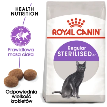 Torba karmy dla kotów Royal Canin Regular Sterilised z ilustracją czarnego kota, kawałkami karmy i tekstem "Health Nutrition" oraz "Prawidłowa masa ciała."