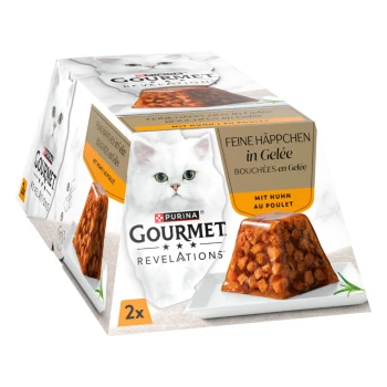 Verpackung von Purina Gourmet Revelations Katzenfutter mit feinen Stückchen in Gelee, mit einem Bild einer weißen Katze und Text in Deutsch und Französisch.