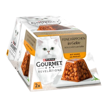 Verpackung von Purina Gourmet Revelations Katzenfutter mit feinen Stückchen in Gelee, mit einem Bild einer weißen Katze und Text in Deutsch und Französisch.